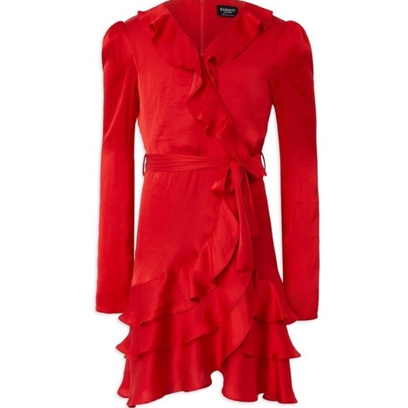 NWT Bardot Red Long Sleeve Ruffle Trim Mini Dress Size XS US 2. - Picture 3 of 12